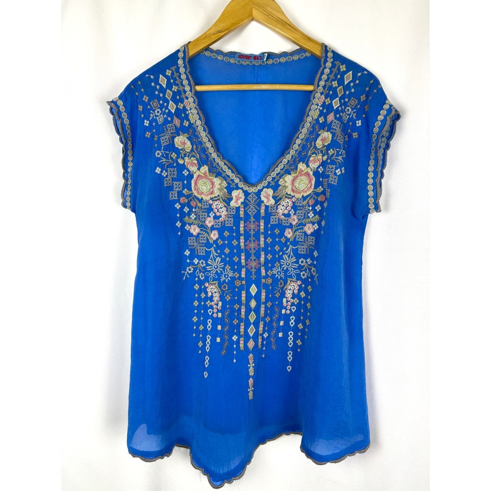 Johnny Was Royal Blue Embroidered Silk V-Neck Scalloped Hem Blouse Womens XS